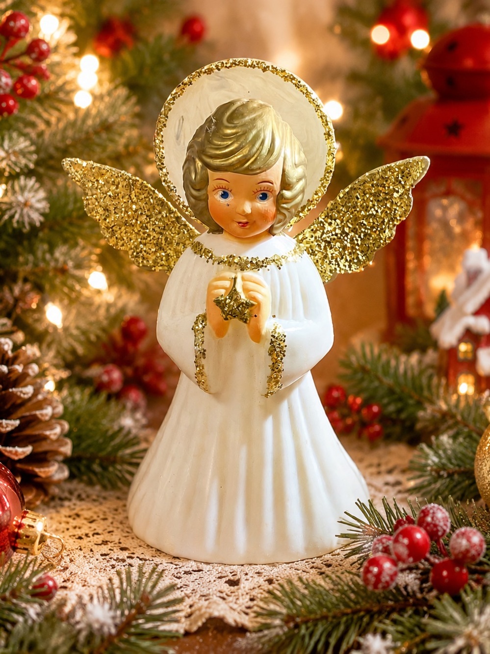 Vintage Mid Century Doubl-Glo Angel Christmas Tree Topper Gold White